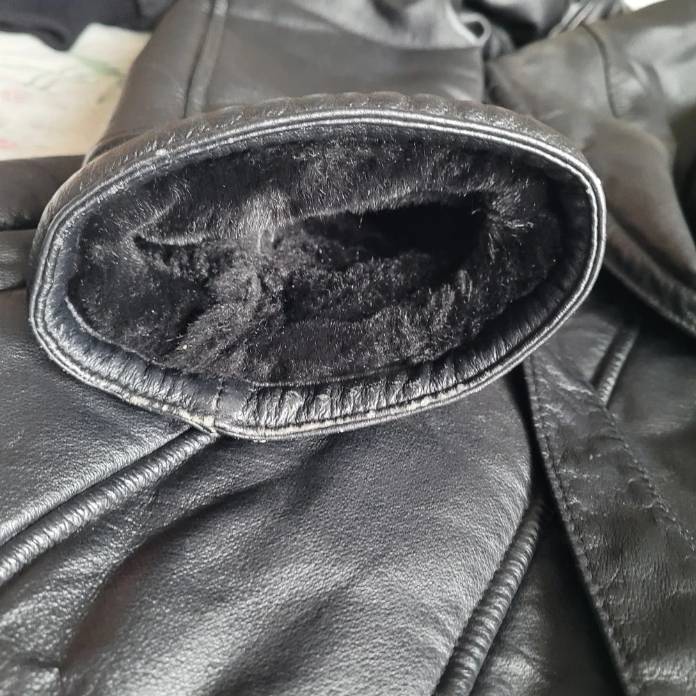 Wilsons Leather Women's Black Tie Waist Zipper Leather Faux Fur Coat Sz L W/Hood - Picture 12 of 14